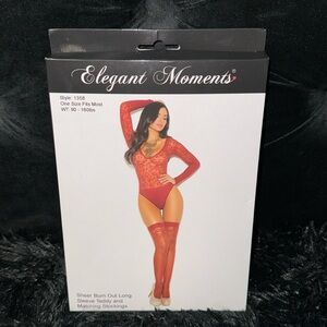 Elegant Moments Red Sheer Teddy and Stockings Set